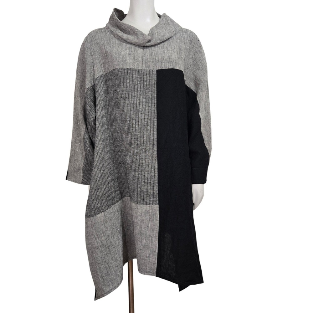 Terry Macey Irish Linen Dress Size XL Artsy Lagenlook Gray black Colorblock Midi